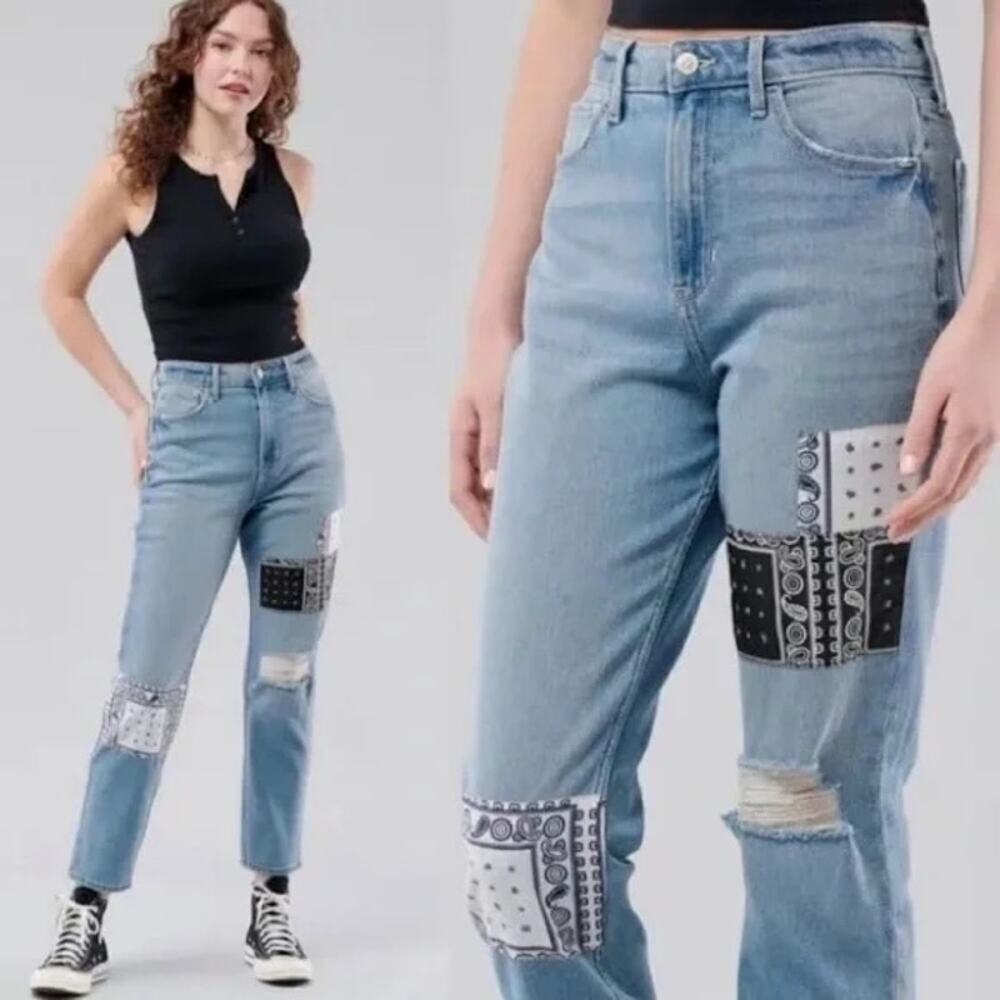 Hollister Jeans sz 5 / 27 Ultra High Rise Mom patches distressed patchwork fun